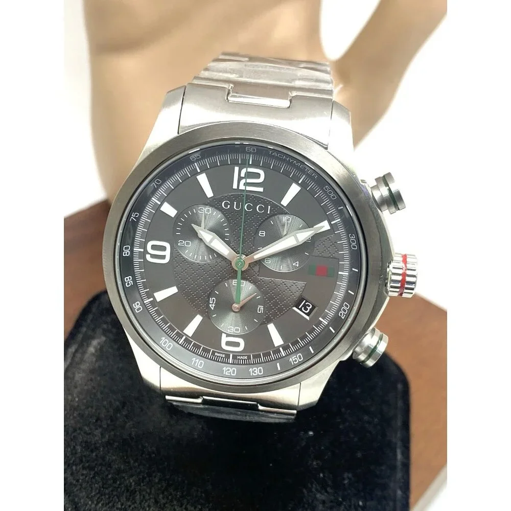 Gucci Mens Watch YA126238 G-Timeless Swiss Quartz Chronograph Gray Silver 46mm